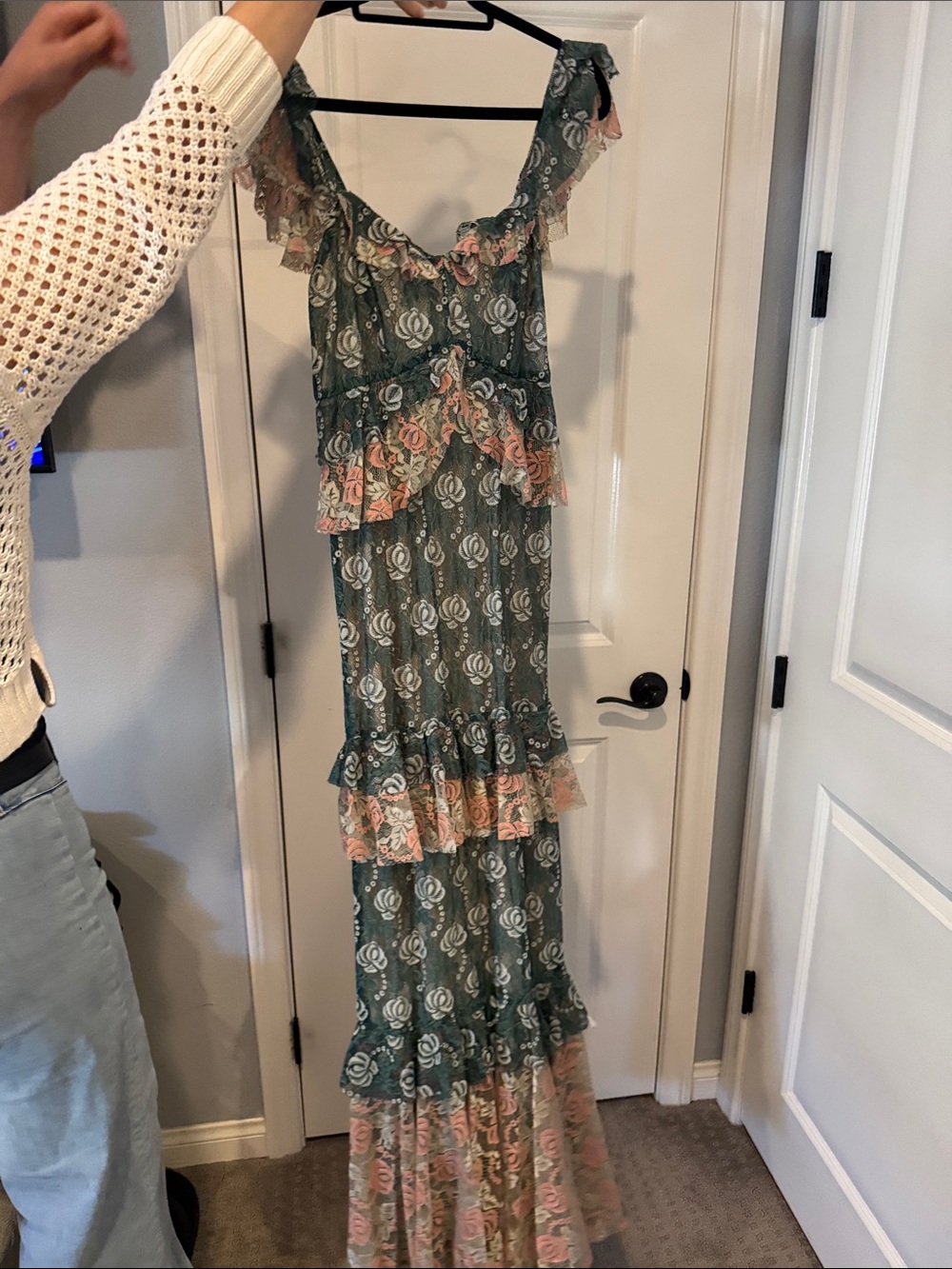 Sugarlips Green Floral Ruffle Maxi Dress with Pink Accents